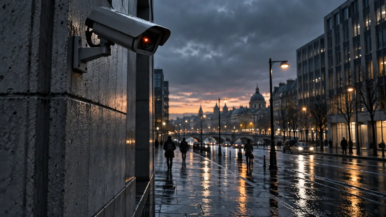 Caméra de surveillance fixée sur une structure urbaine en béton