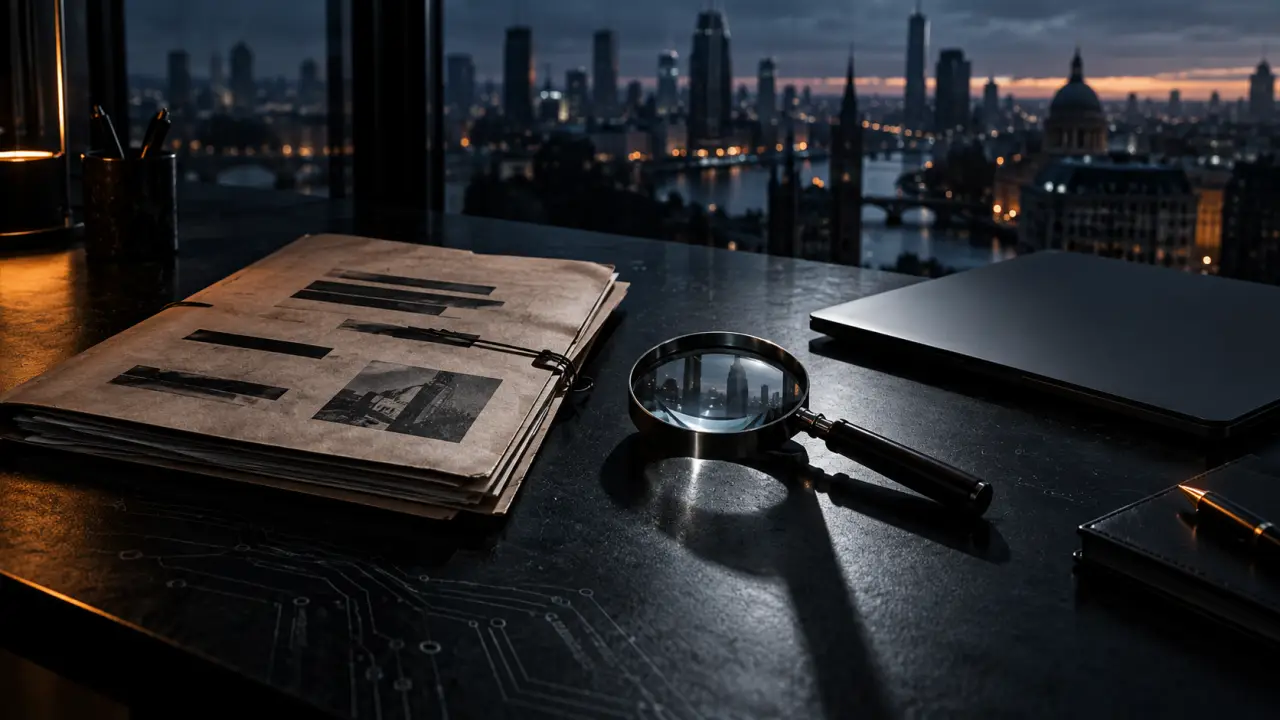 Documents d’audit, écran informatique et caméra de surveillance dans une lumière contrastée