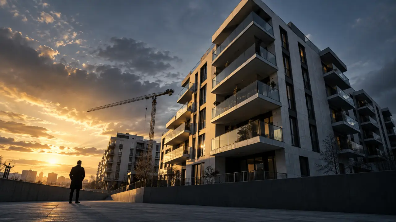 Immeuble neuf en construction, béton brut et grues dans un paysage urbain
