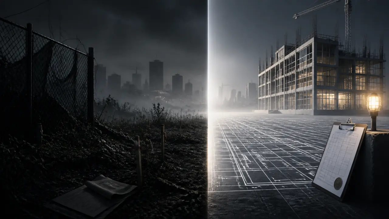 Terrain urbain brut avec ambiance de surveillance et béton