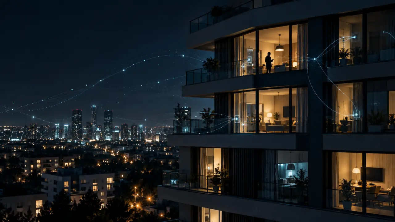 Intérieur d'un logement connecté avec caméra de surveillance et objets intelligents