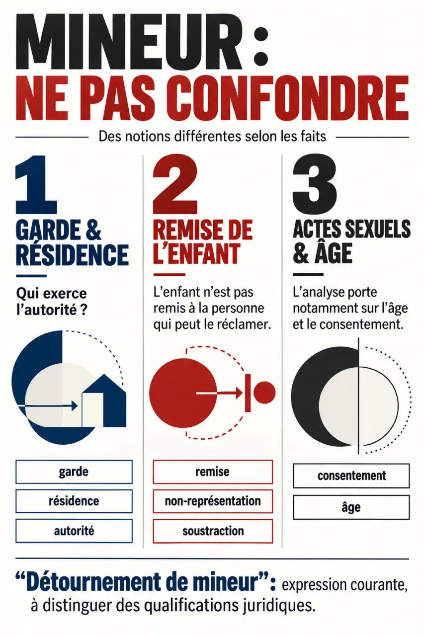 Infographie sur le détournement de mineur et les différences entre soustraction, non-représentation et infractions sexuelles