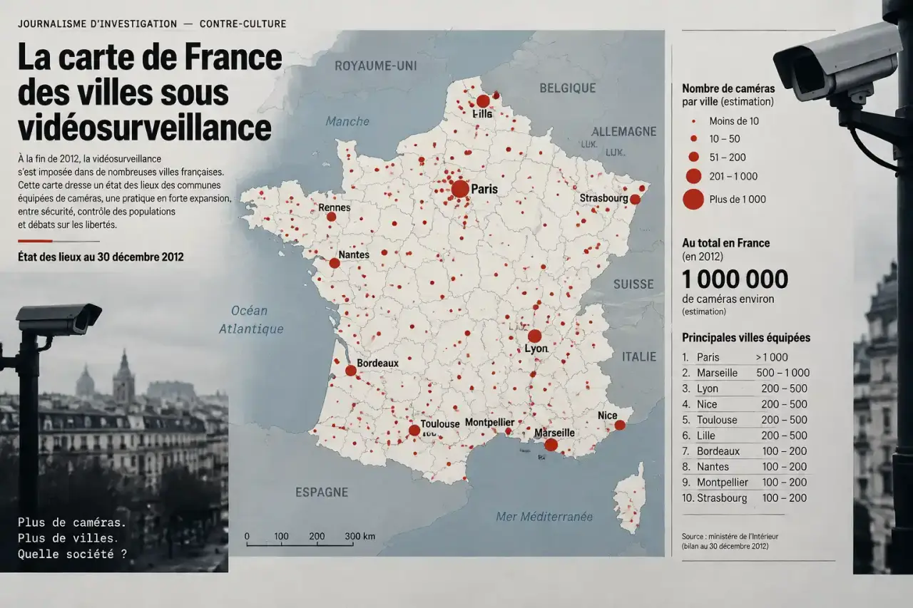 La carte de France des villes sous vidéosurveillance décrit une situation arrêtée au 30 décembre 2012