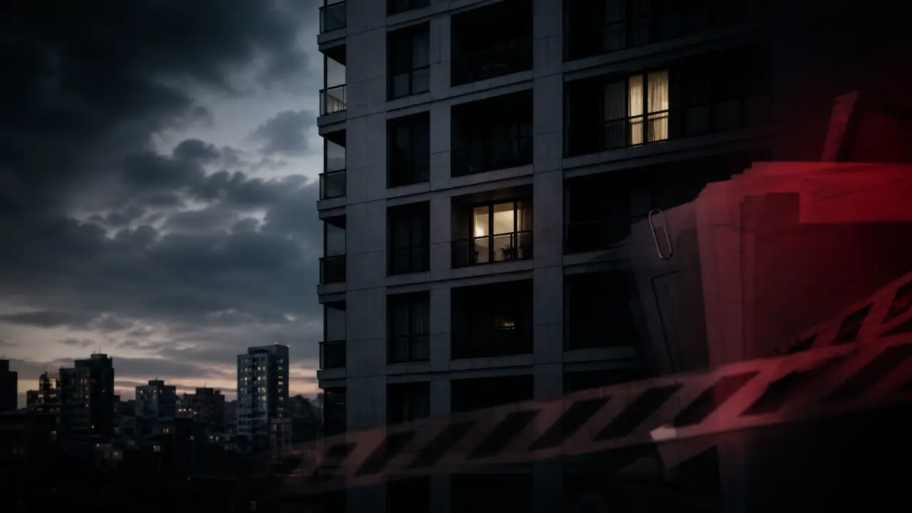 Immeuble brutaliste sous surveillance, ambiance documentaire