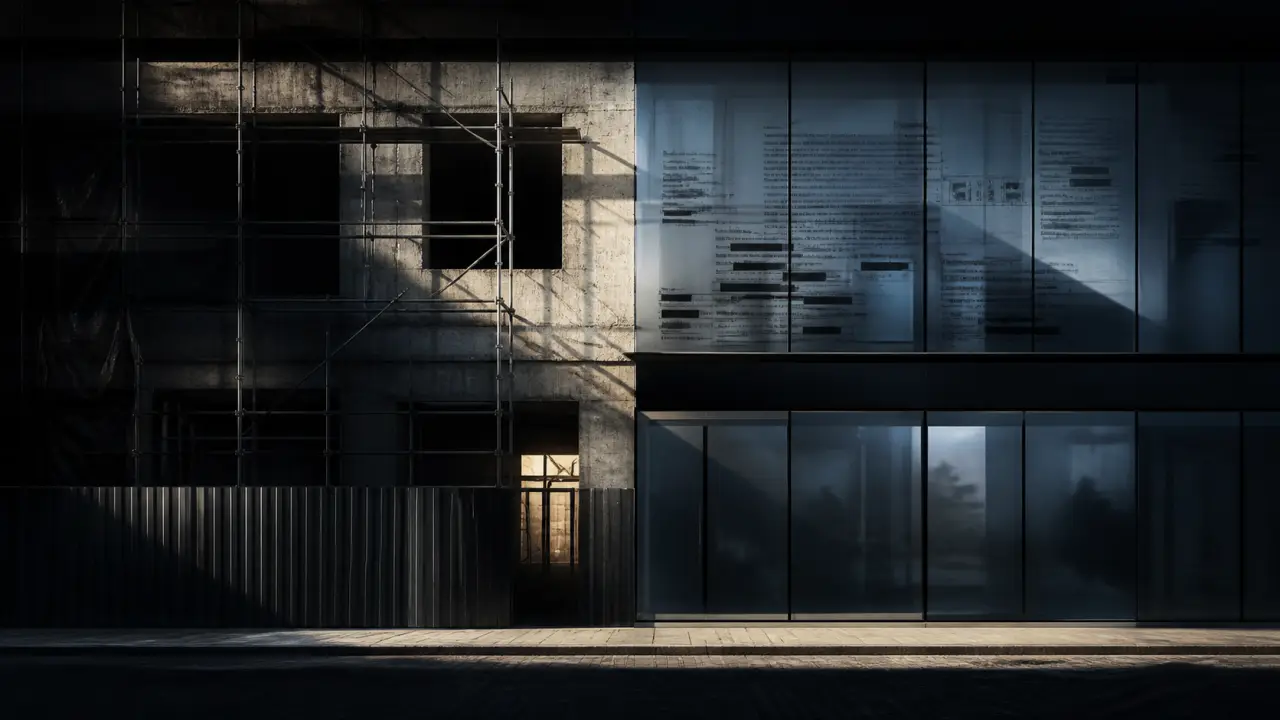 Façade urbaine sous surveillance, esthétique brute et contrastée
