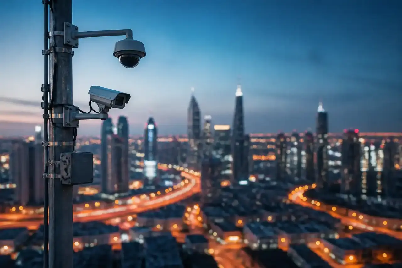 Structure brutaliste en noir et blanc avec caméra de surveillance et rubans jaunes